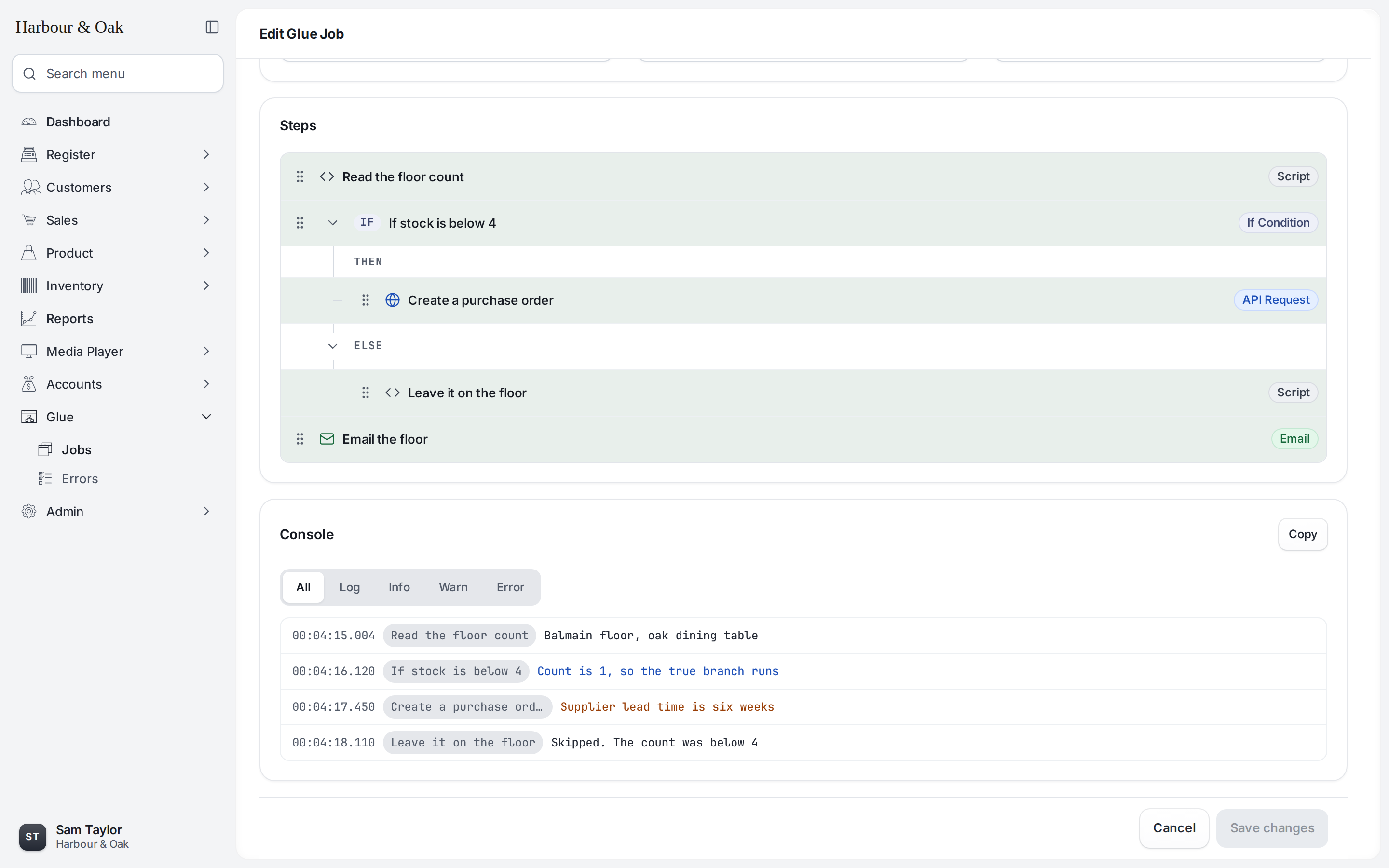 After a run, the Console shows each step's log, which you can filter by All, Log, Info, Warn or Error. Here the If branch runs and the Else branch is skipped.