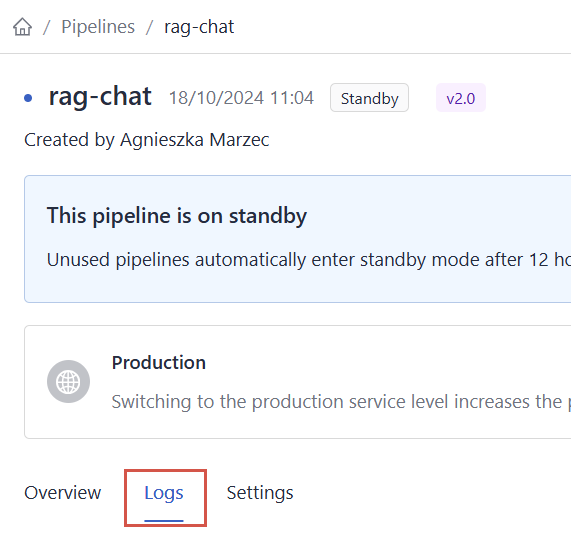 Pipeline details page with the Logs tab highlighted