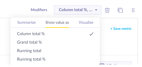 Show value as dropdown with column total percent selected