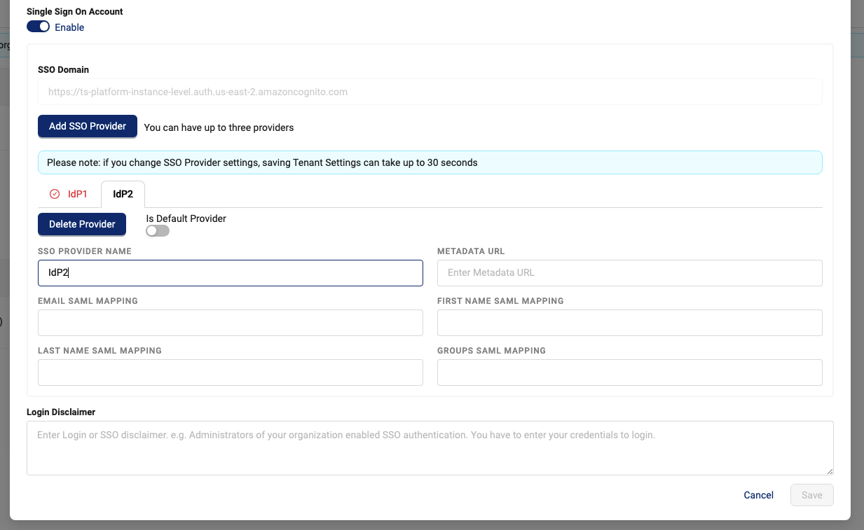 SSO settings in the Edit Tenant dialog