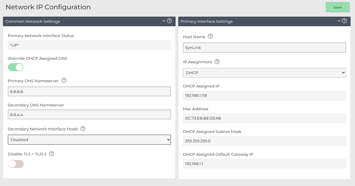 Network IP Configuration page