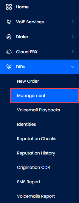 Screenshot of the DIDs > Management tab