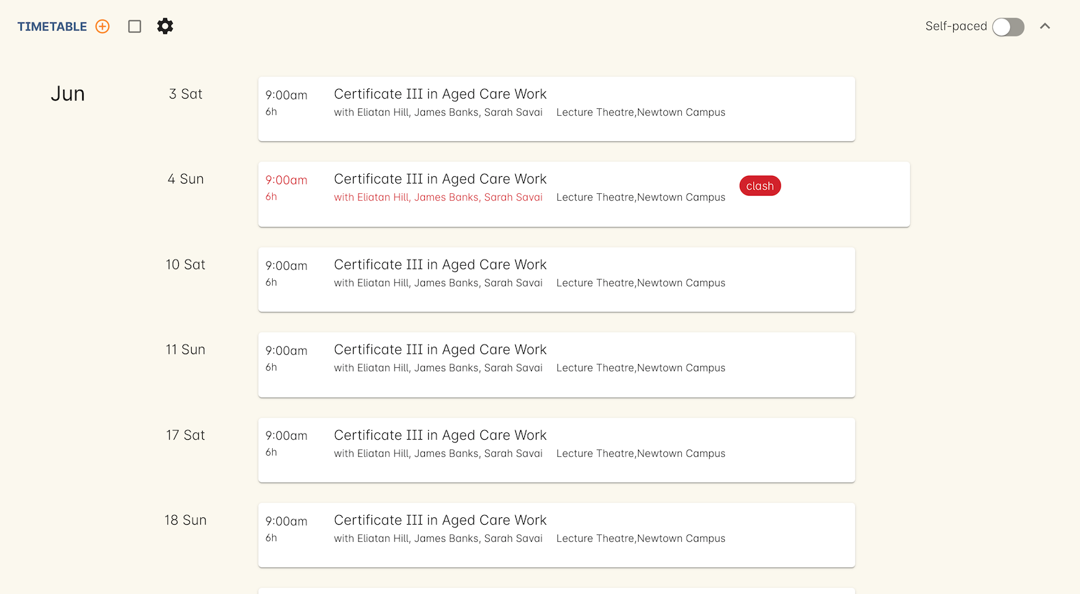 Figure 352. Newly repeated sessions appear like this until you save the class