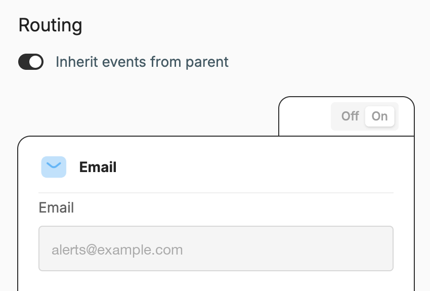 The Routing section of a space's Incidents settings, with an Email card that inherits the default address from its parent.