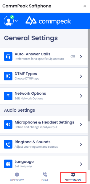 Screenshot of the Settings tab