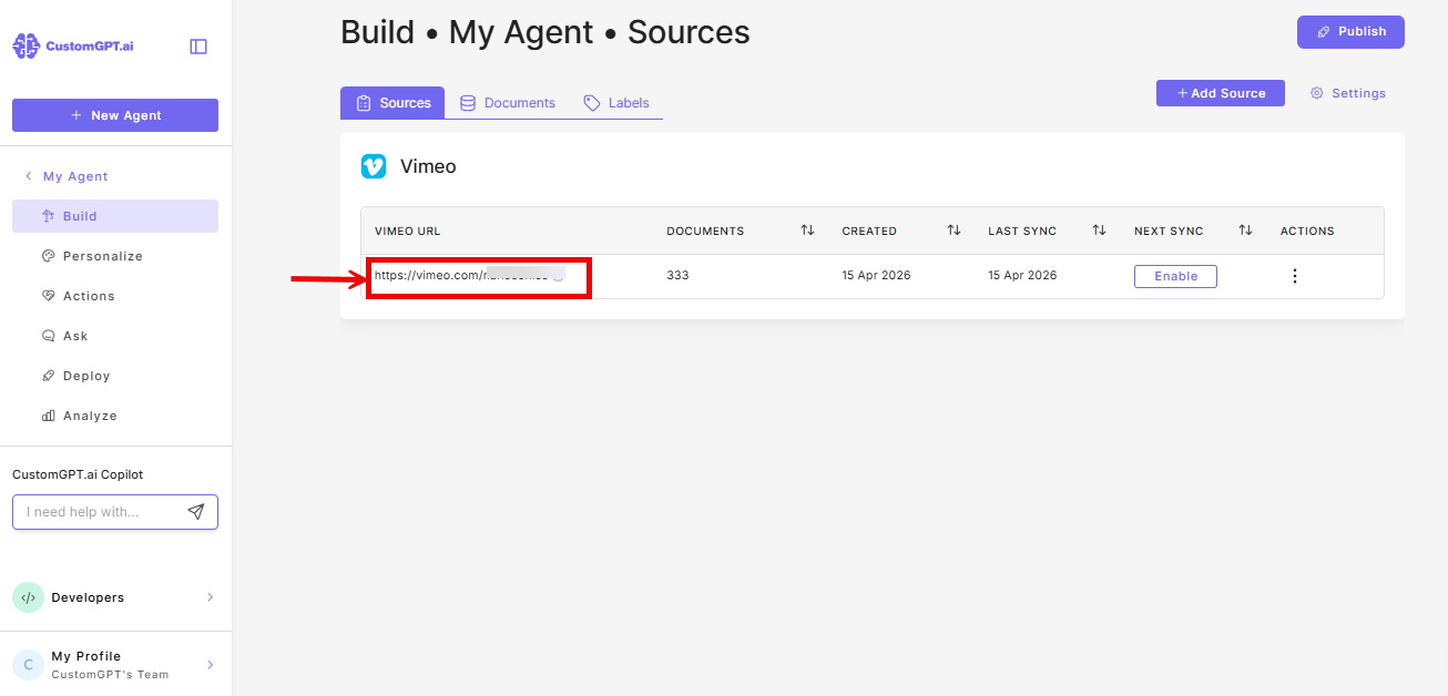 Vimeo link in the Sources list