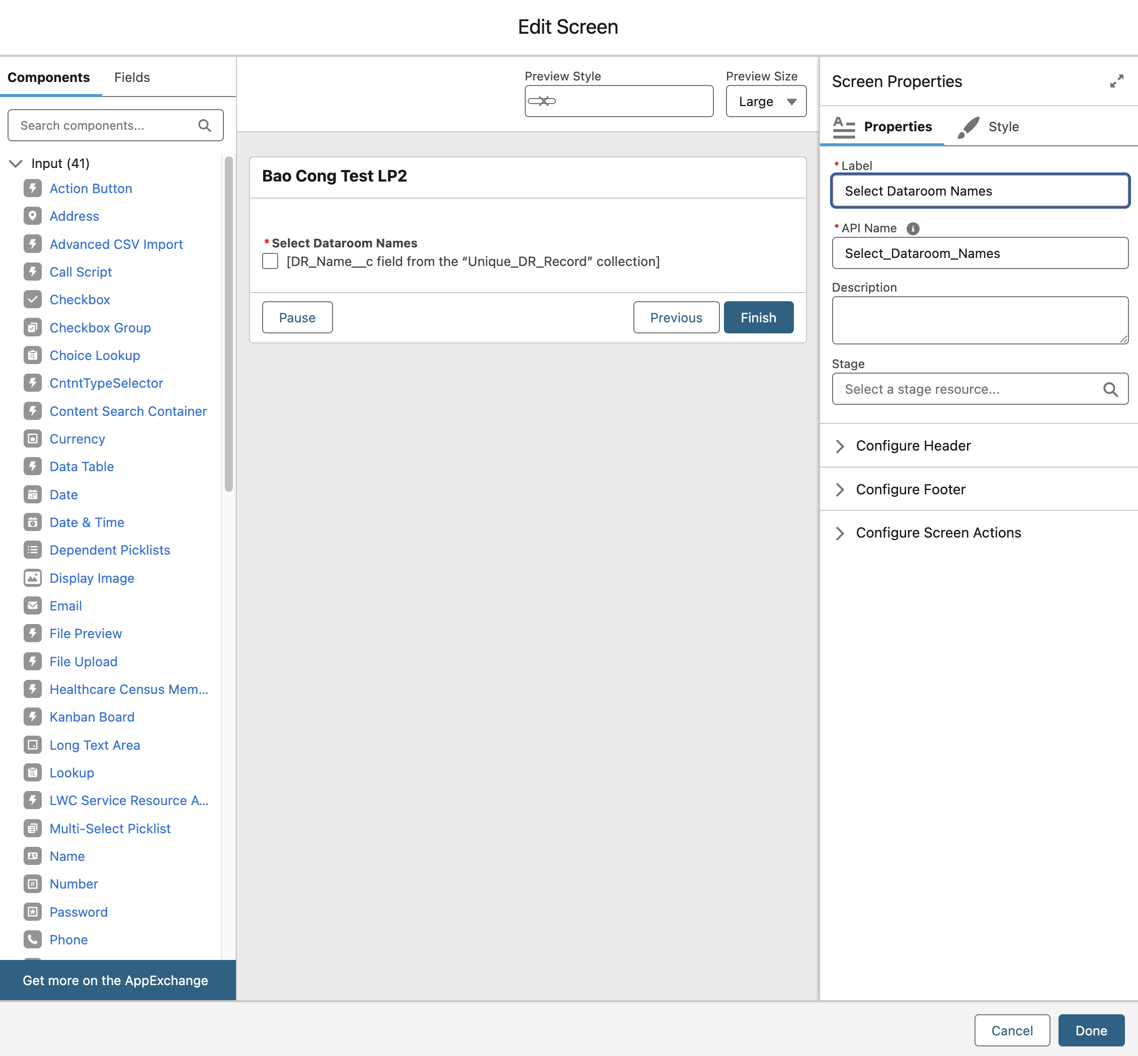 Select Dataroom Names screen