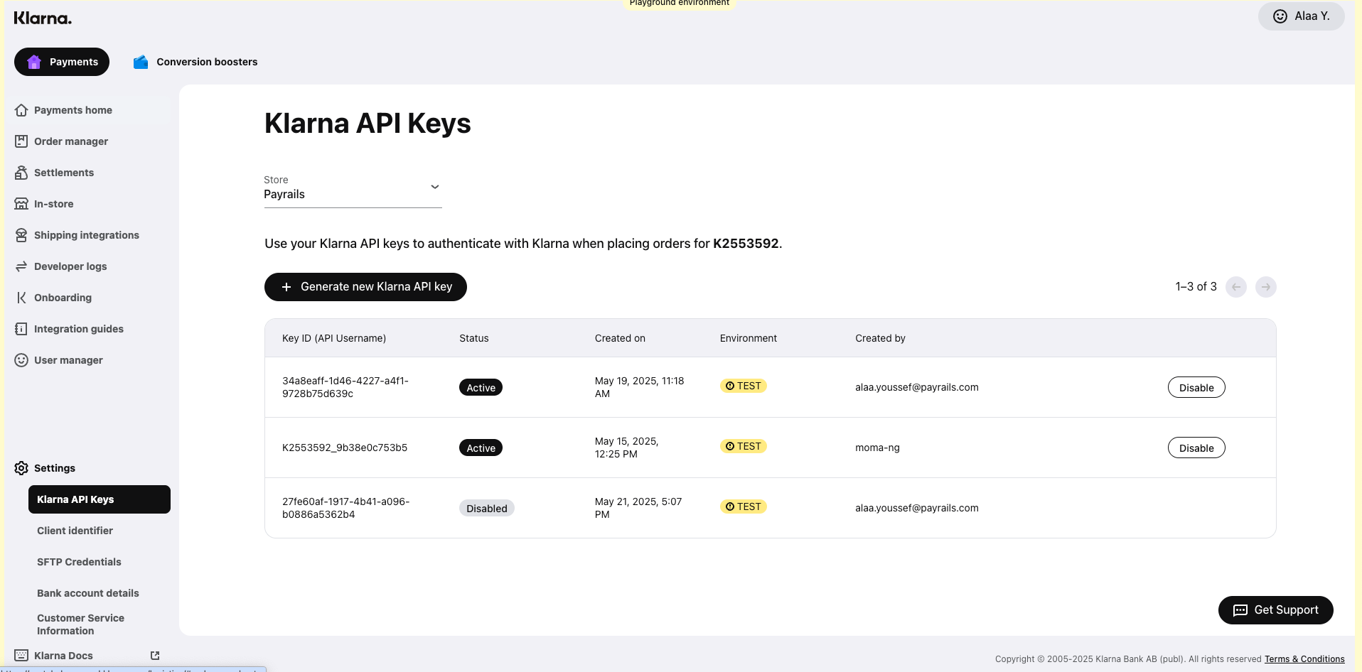 A screenshot showing the Klarna API keys.