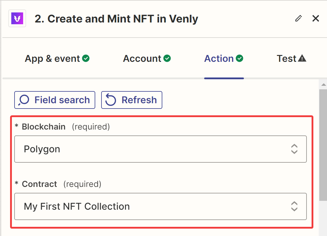 Select blockchain and NFT contract address