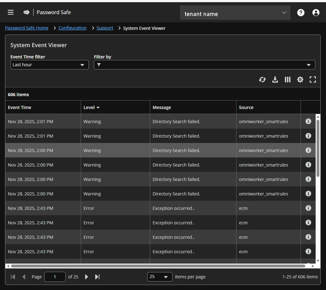 System Event Viewer page