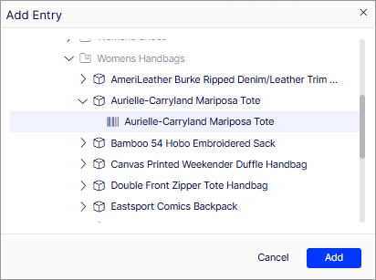 Screenshot of the Add Entry window displaying products and variants grouped by category.