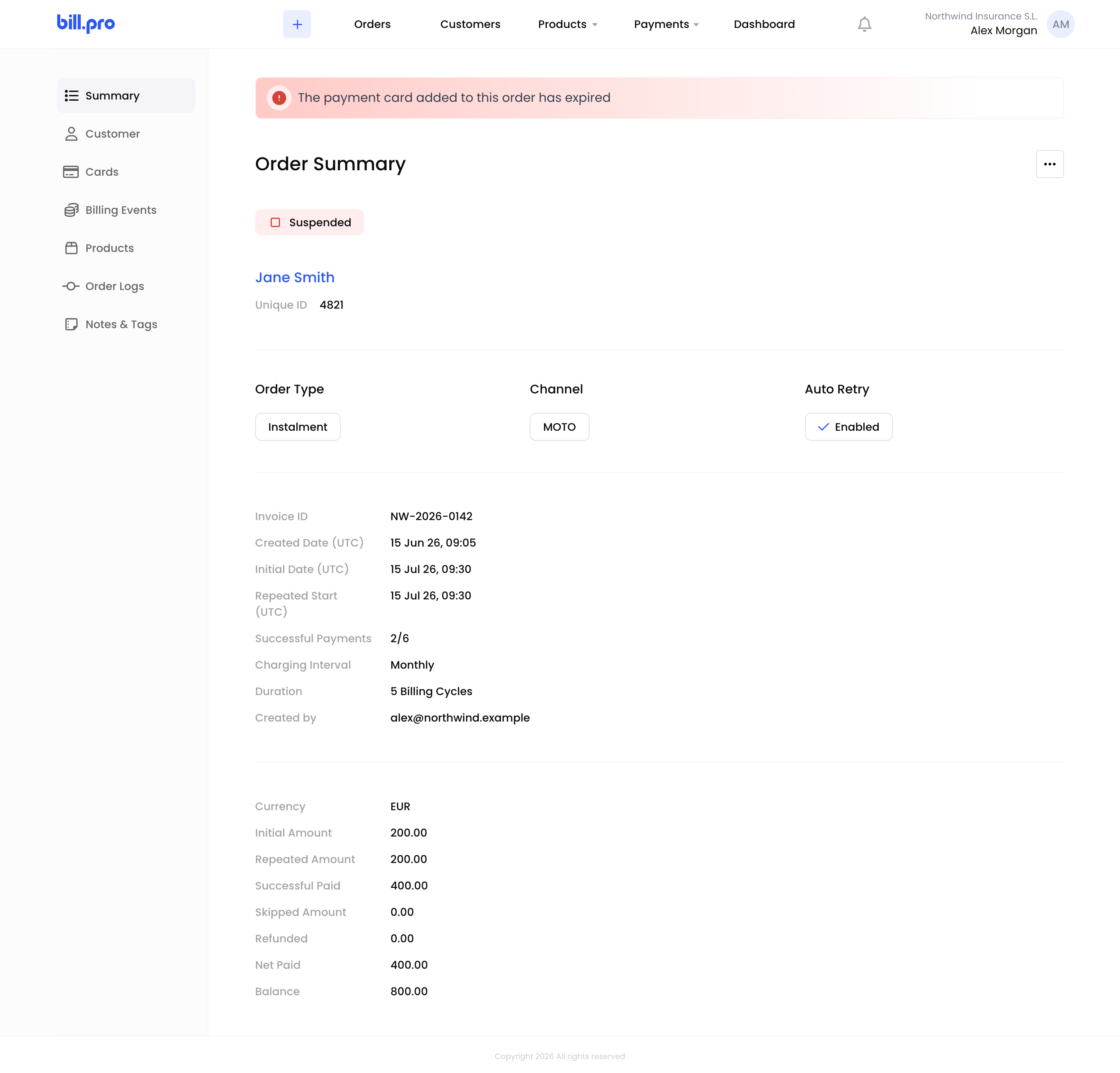 The Summary tab of a suspended order with the expired card banner