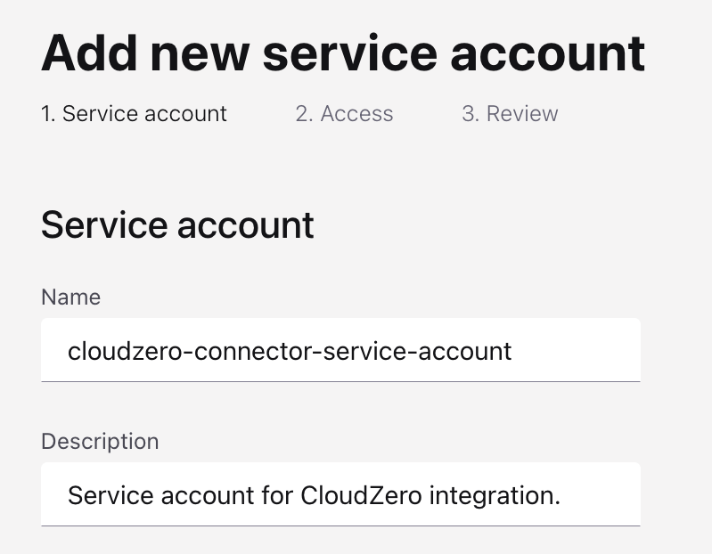 Enter a name and description in the form for creating a service account.