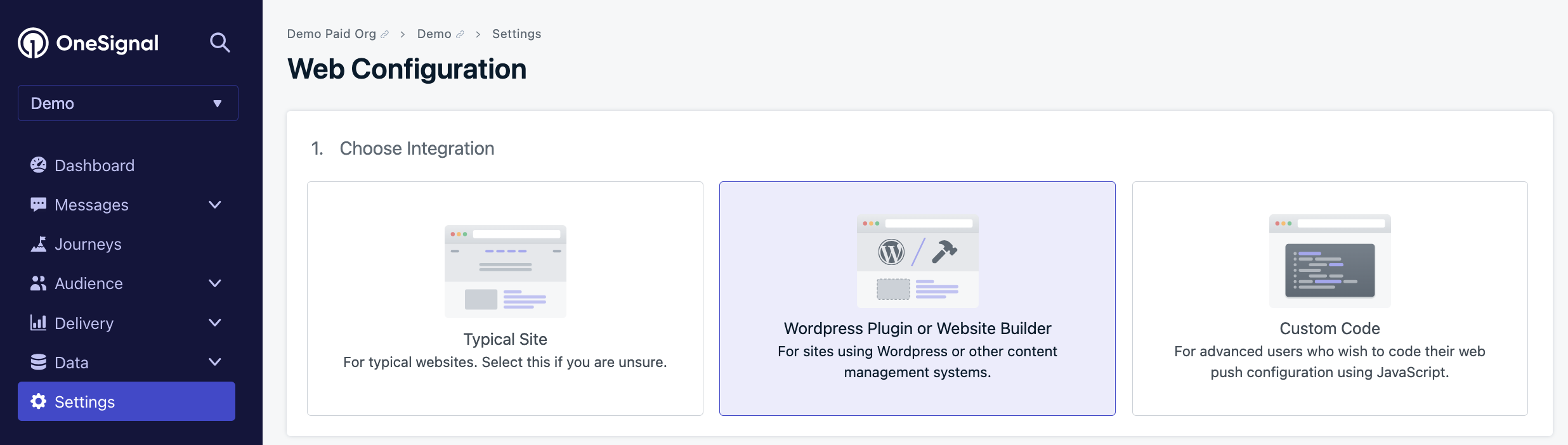 Image showing the WordPress option selected in the OneSignal.com dashboard.