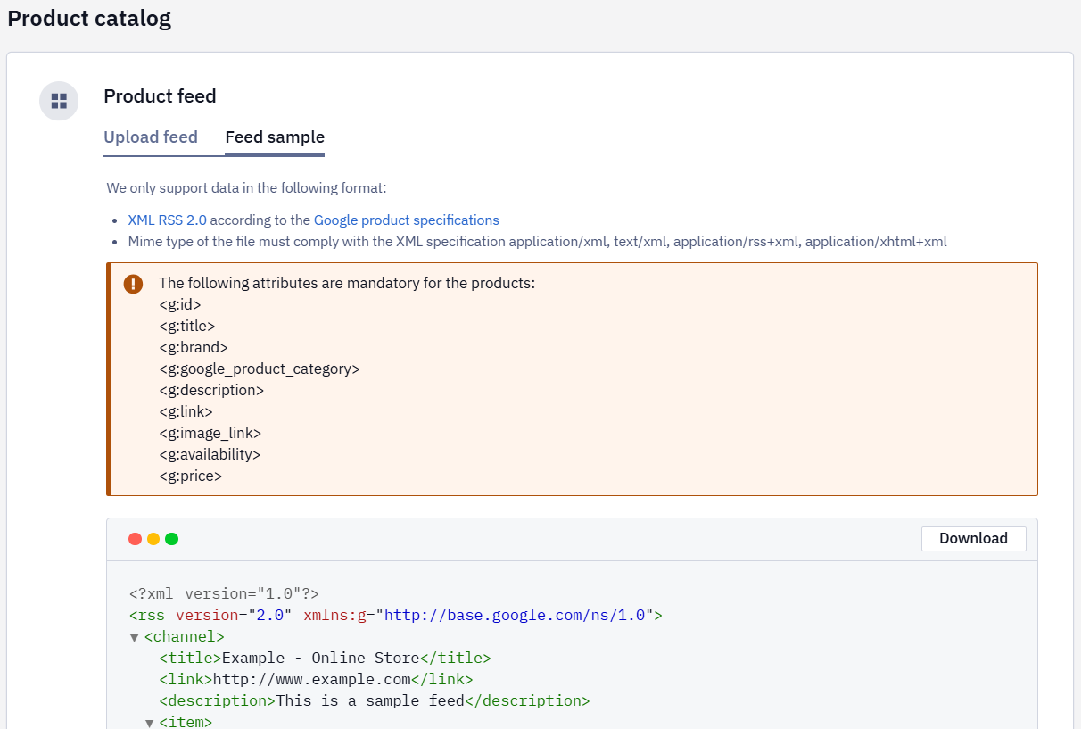 Feed sample tab with an example of the product feed structure