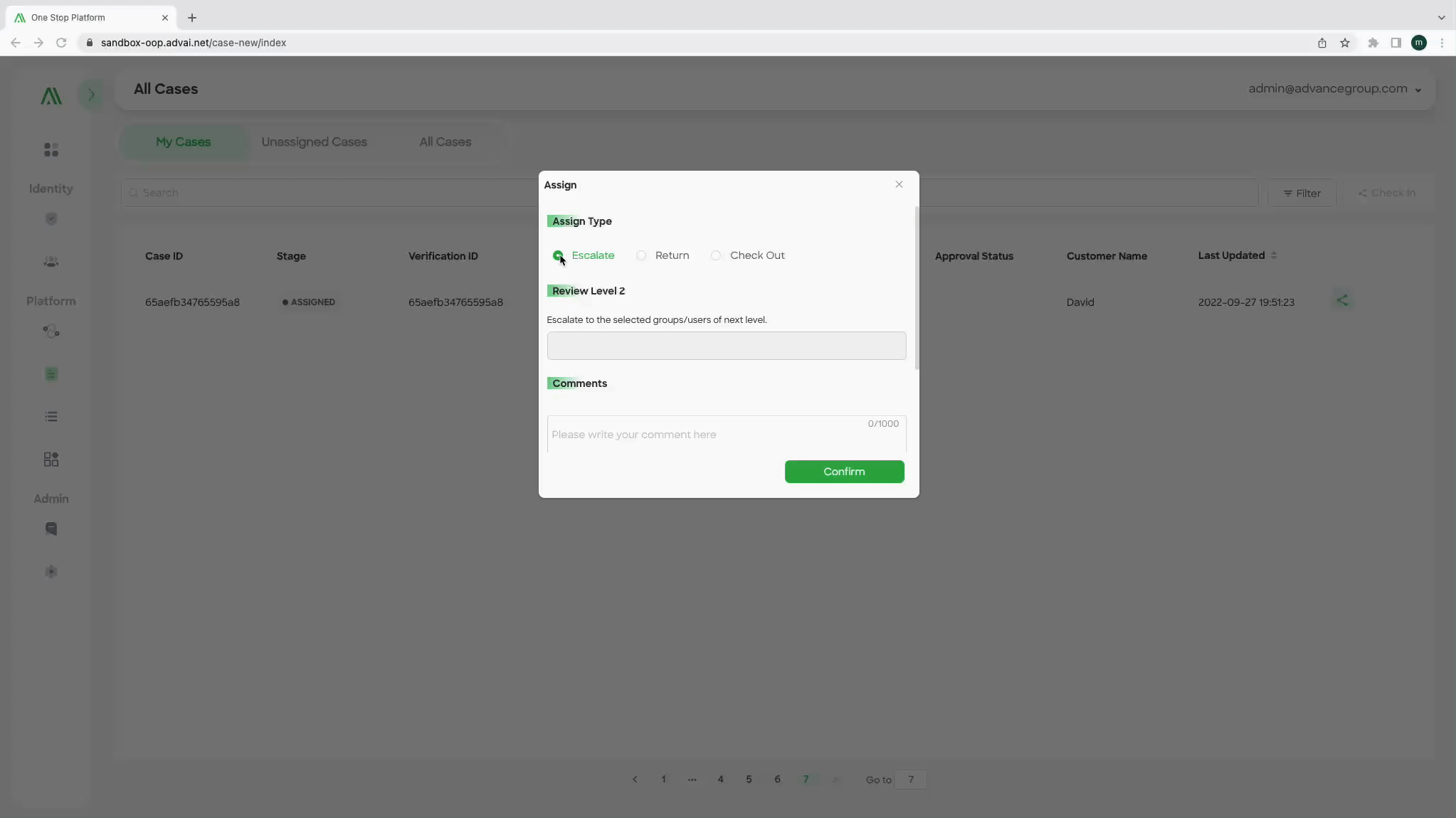 Figure 2 - pop-up window for case assignment