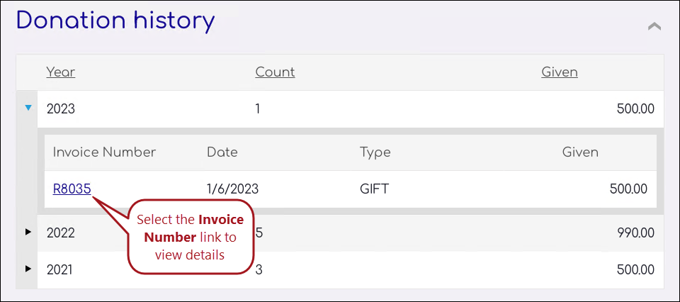 Selecting the invoice number from the donation history