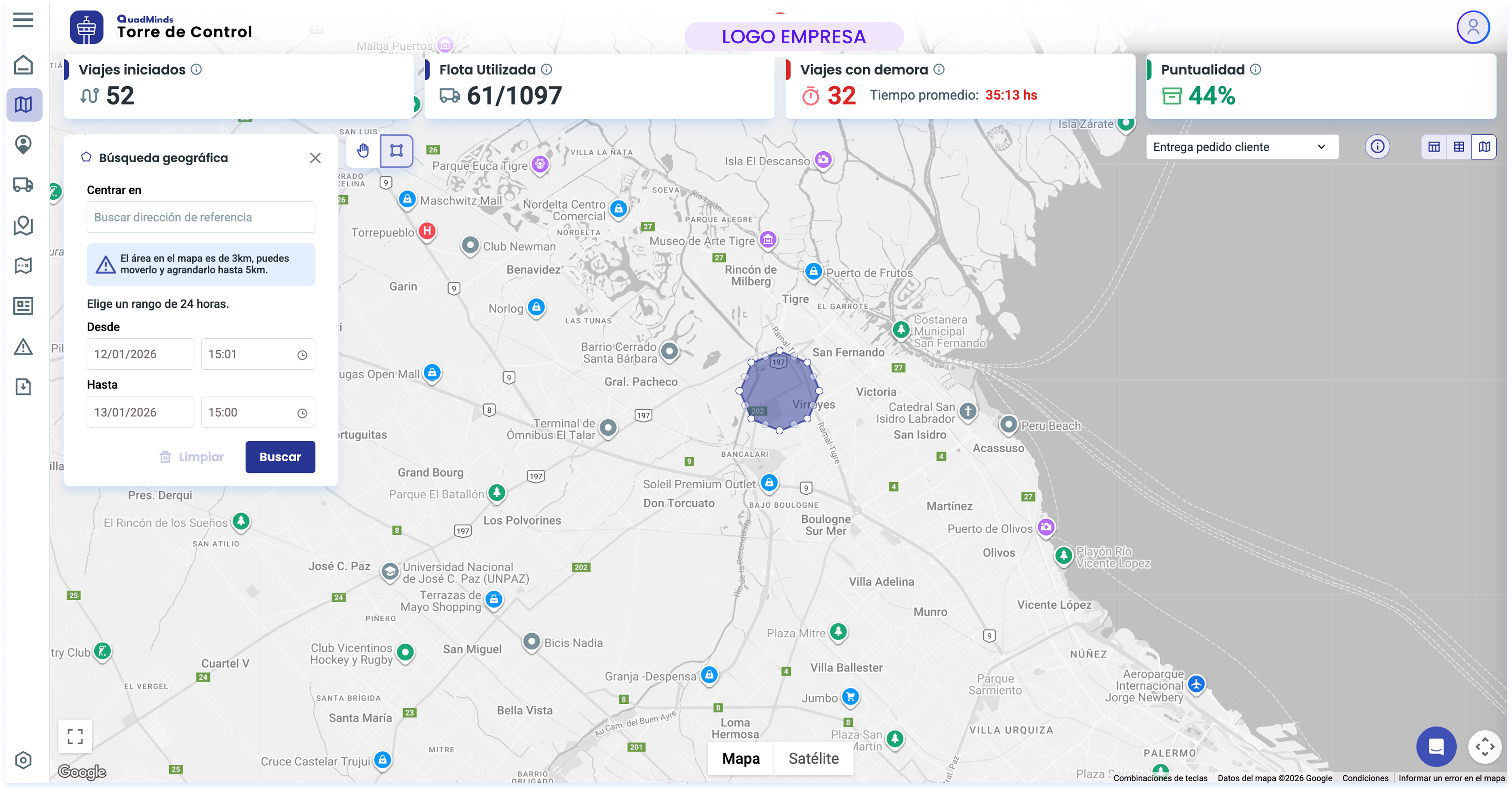 Busca una dirección de referencia en el mapa, dibuja un polígono y selecciona una fecha desde y otra hasta cuando para que aparezcan los recorridos de los viajes que pasaron por ahí.