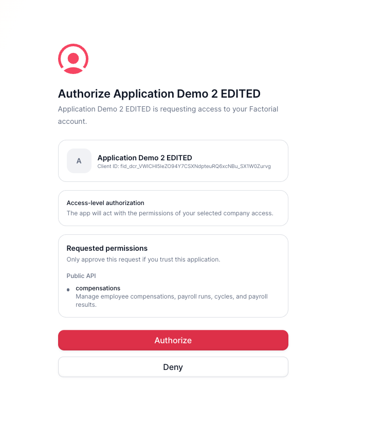 Factorial OAuth consent screen for a user-scoped authorization request