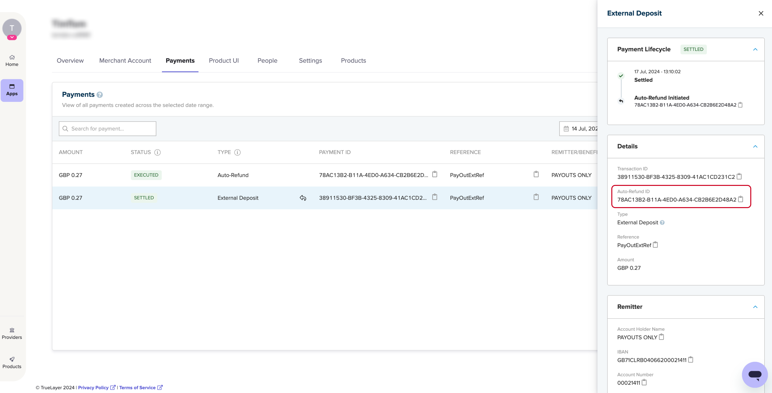 An example of what an external deposit and associated automatic refund look like in Console.