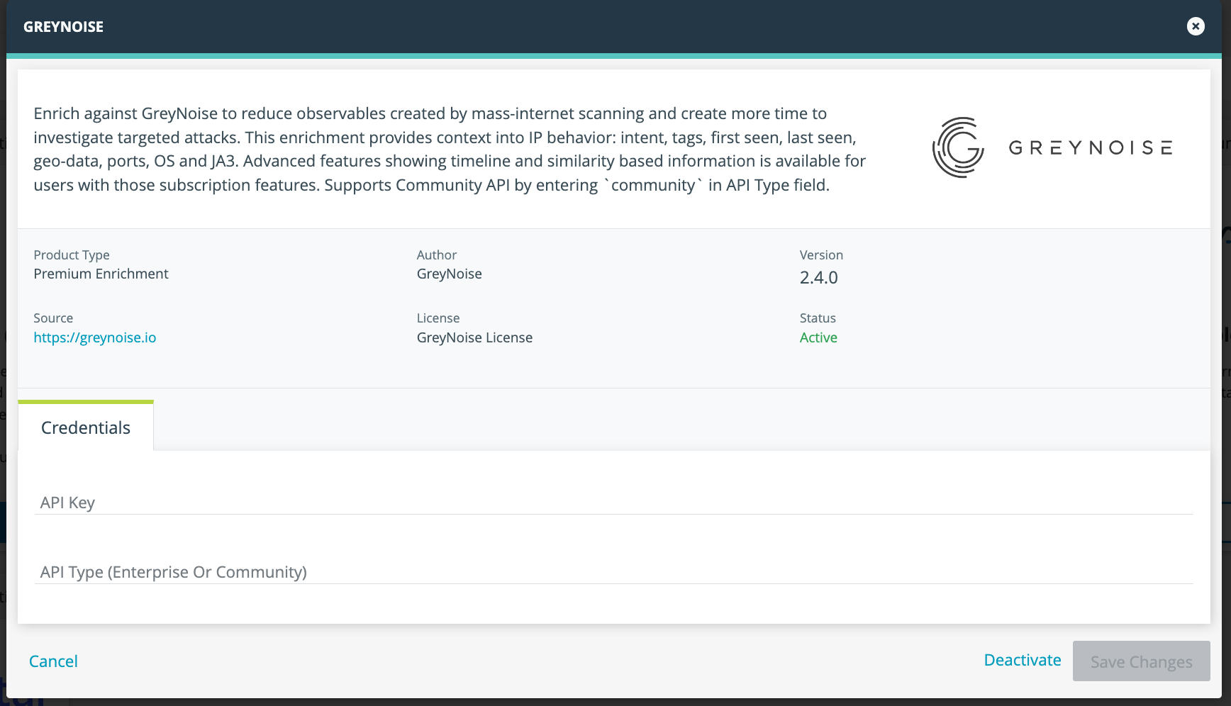 Setup Dialog for entering GreyNoise API Key