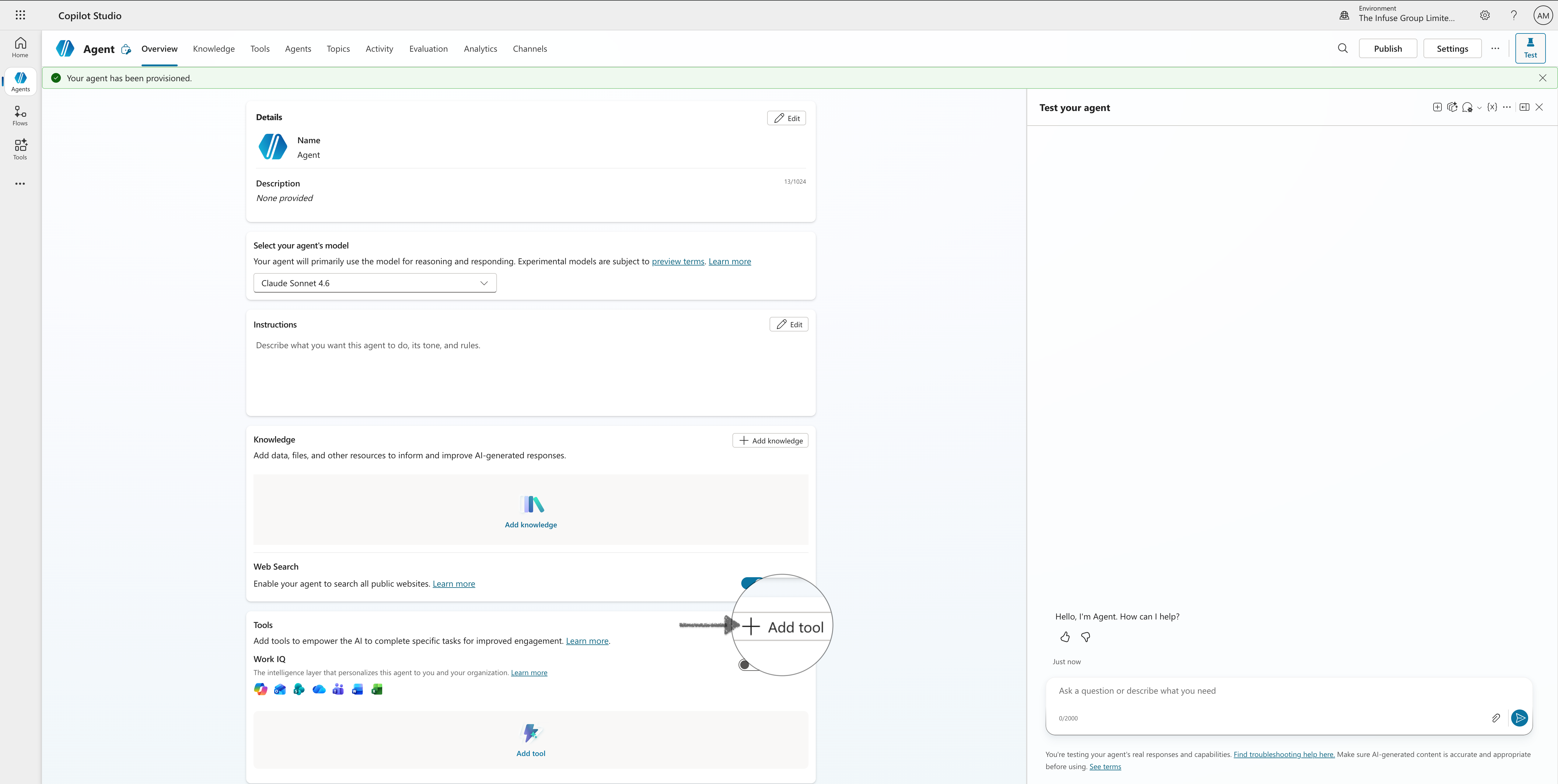 Step 2 – Agent overview showing the Add tool option