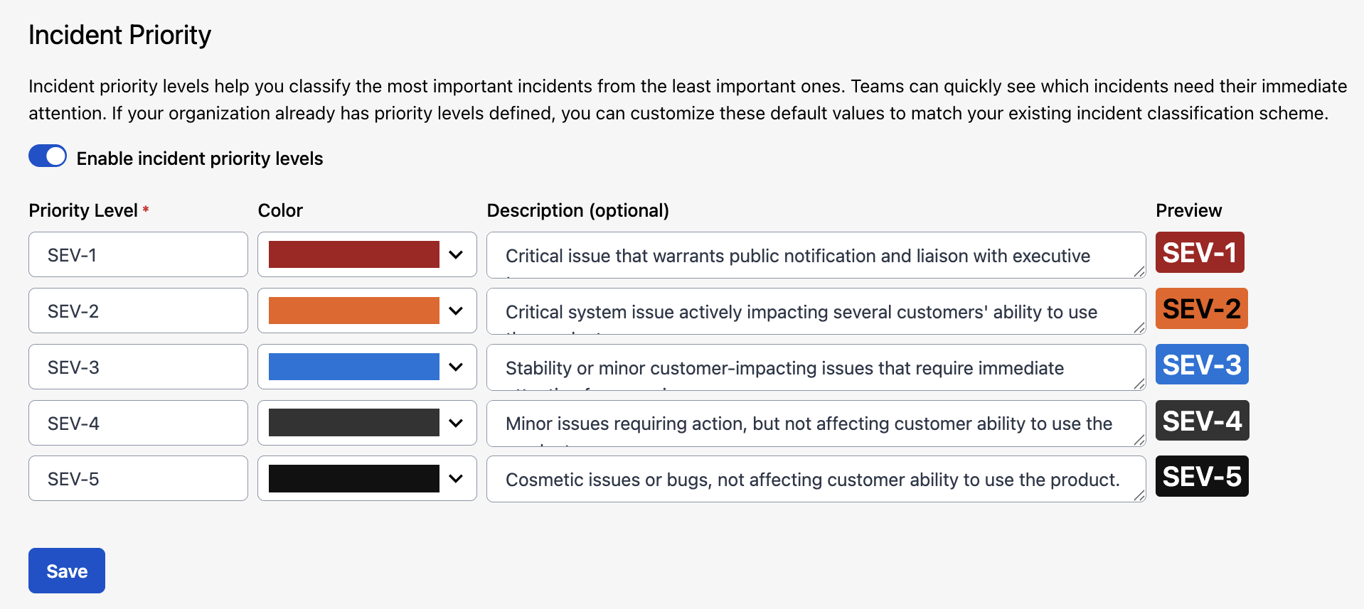 Configure incident priority A screenshot of the PagerDuty web app showing how to configure incident priority