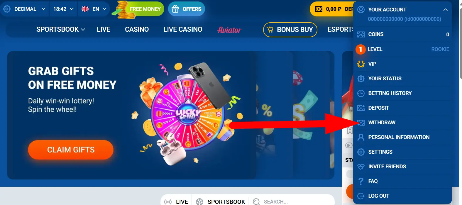 Chicken Road Game interface showing user dashboard with 'Withdraw' option highlighted by a red arrow. Located under the account dropdown menu.