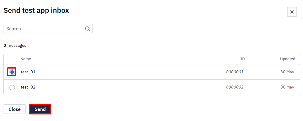 Send test App Inbox popup with a message radio button selected and the Send button highlighted.