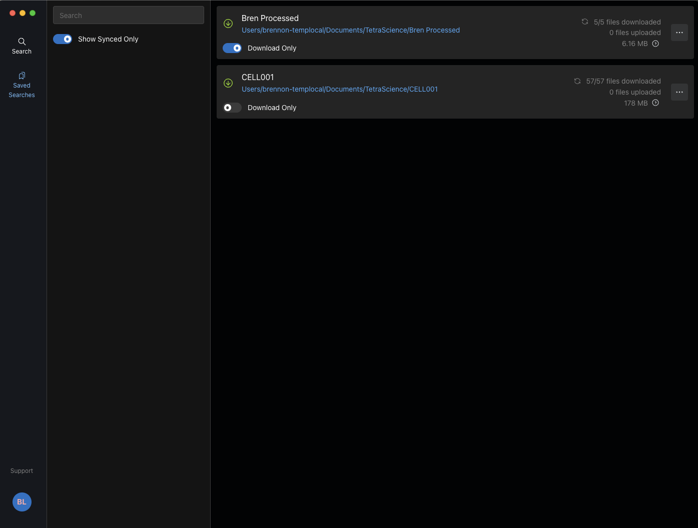 Saved Searches page showing two saved search cards, one with the Download Only toggle enabled