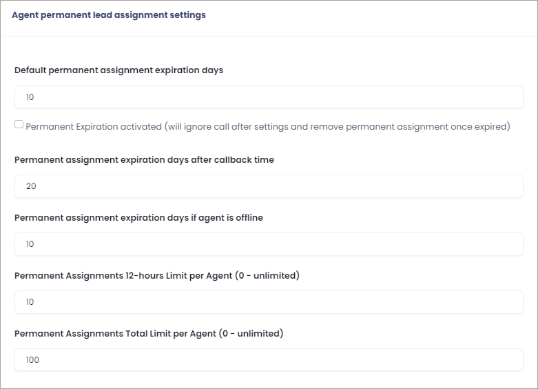 Screenshot with the agent personal lead assignment settings