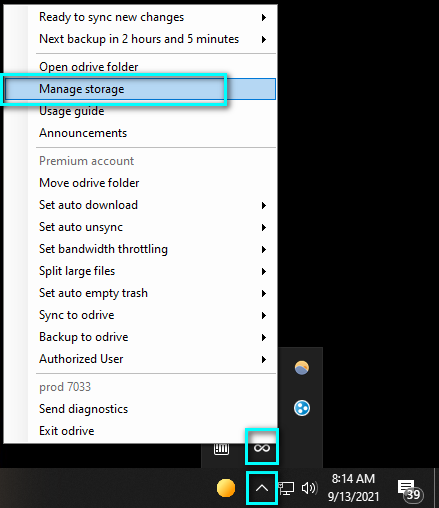 Manage storage is located in your odrive system tray menu
