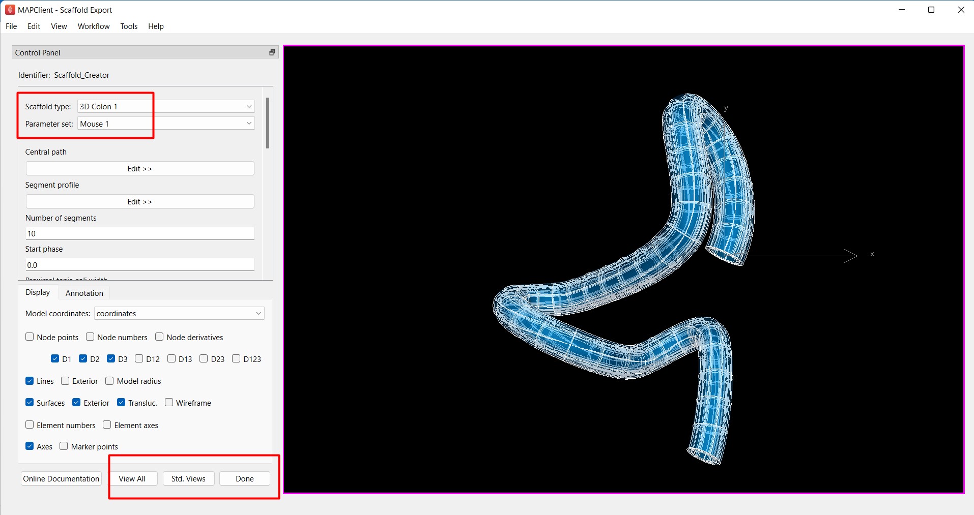 Figure 6. Scaffold Creator configured for a mouse 3D colon scaffold, the view has been manipulated to show a non-default view.