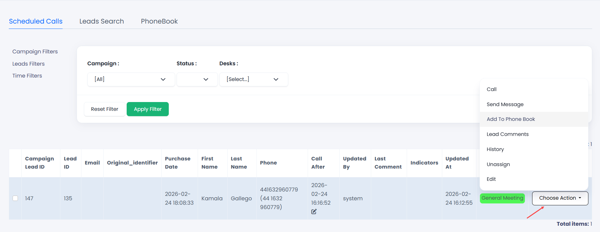 Screenshot with the actions with leads