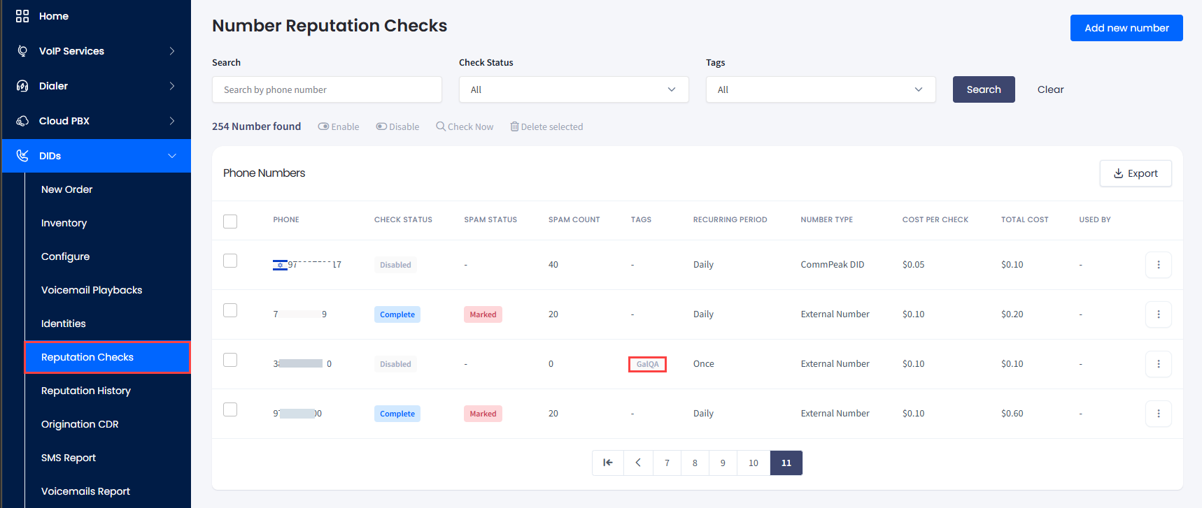 Screenshot of the DID numbers' tags