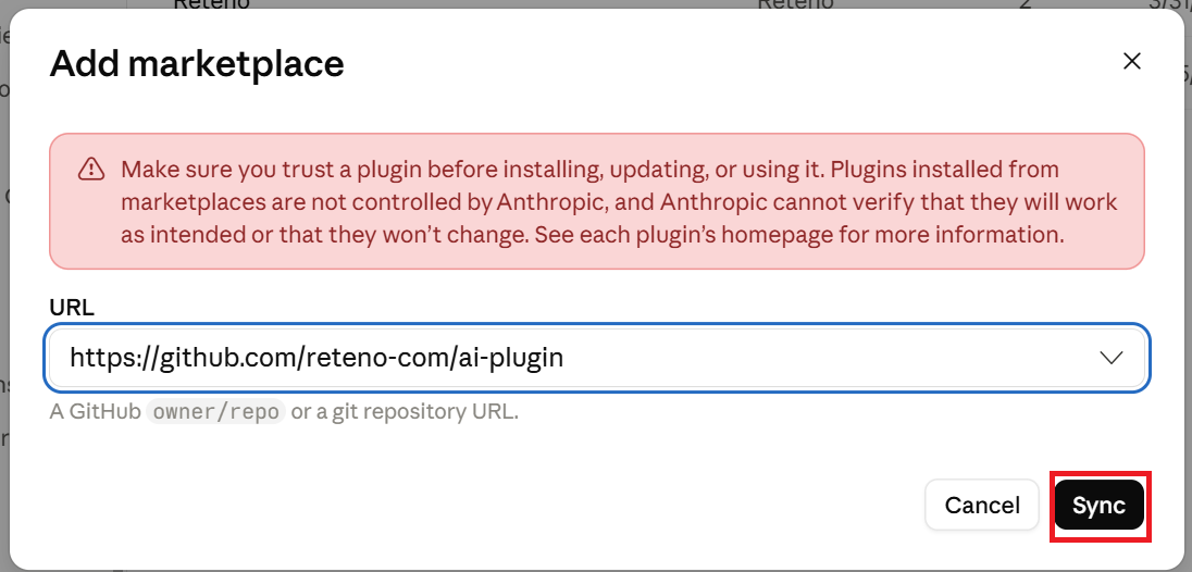 Reteno repository entered in the Add marketplace dialog