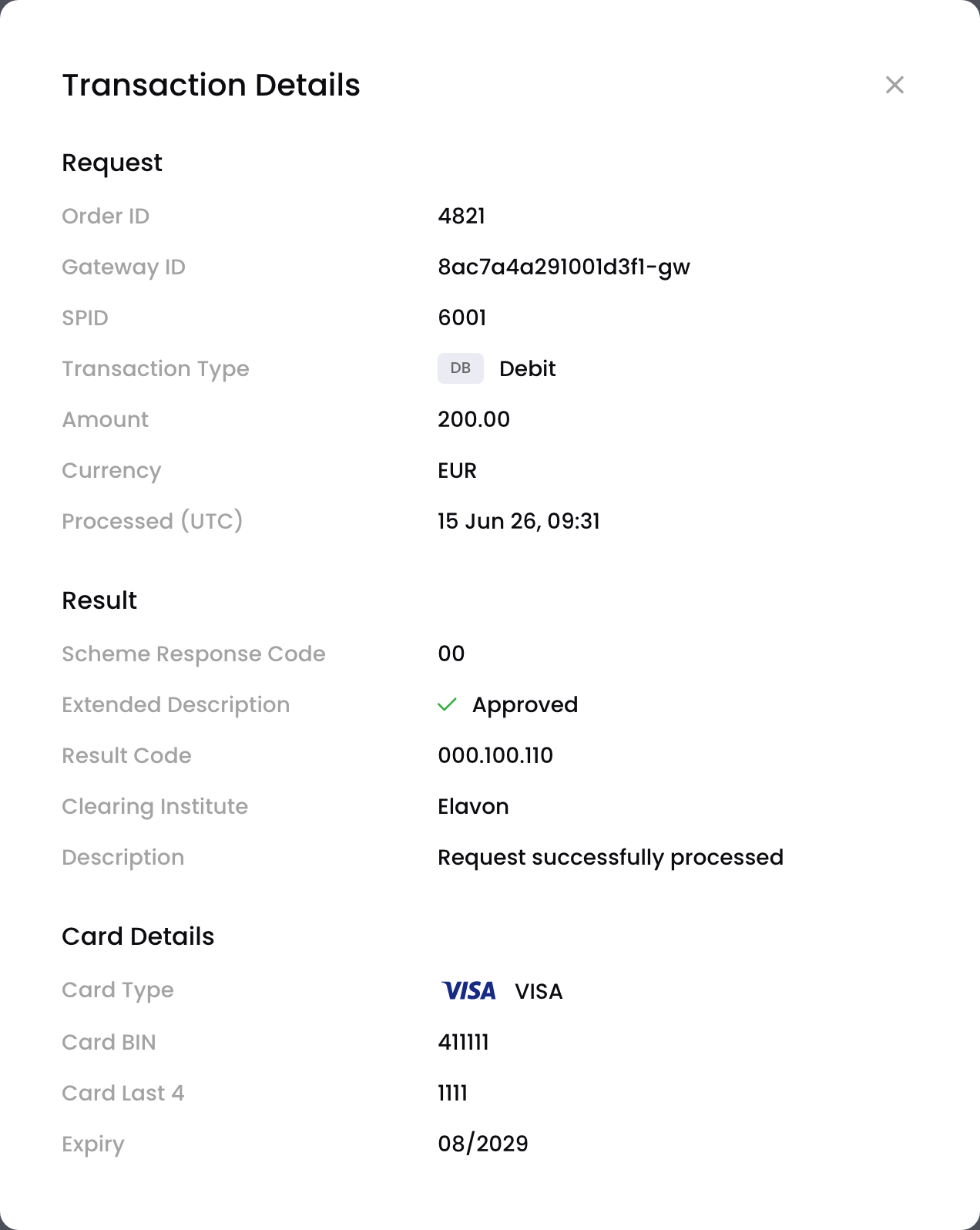 Transaction Details of an approved payment