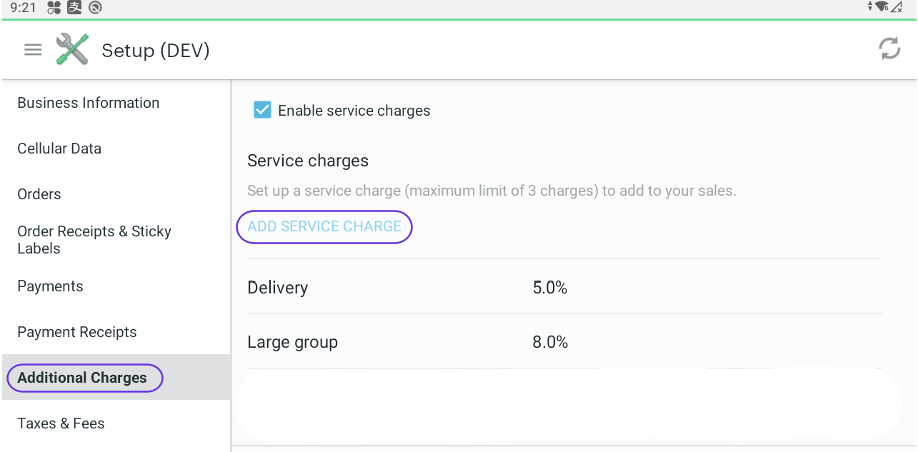 Setup app—Add a service charge