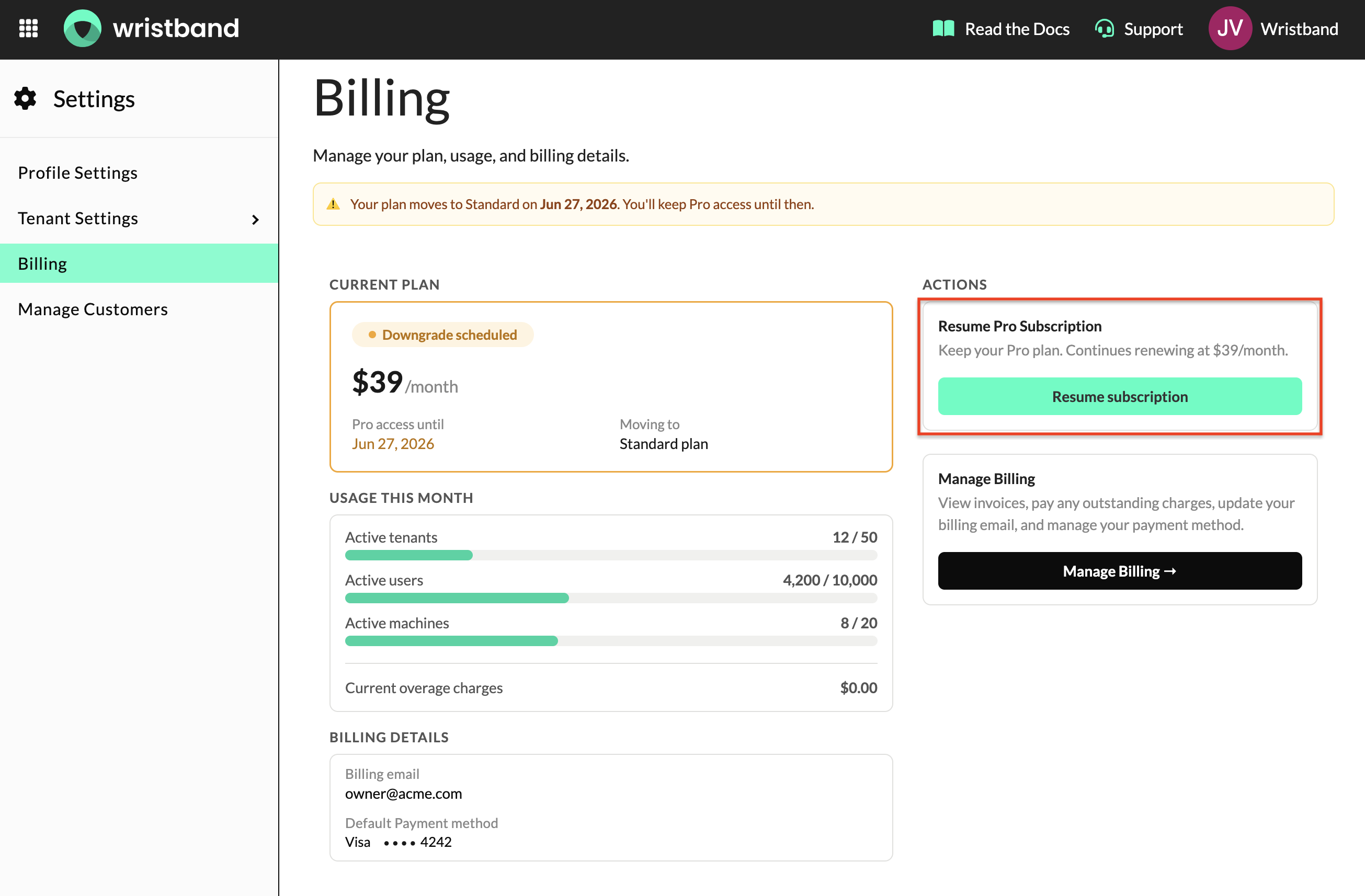 Billing Page "Resume Subscription" button