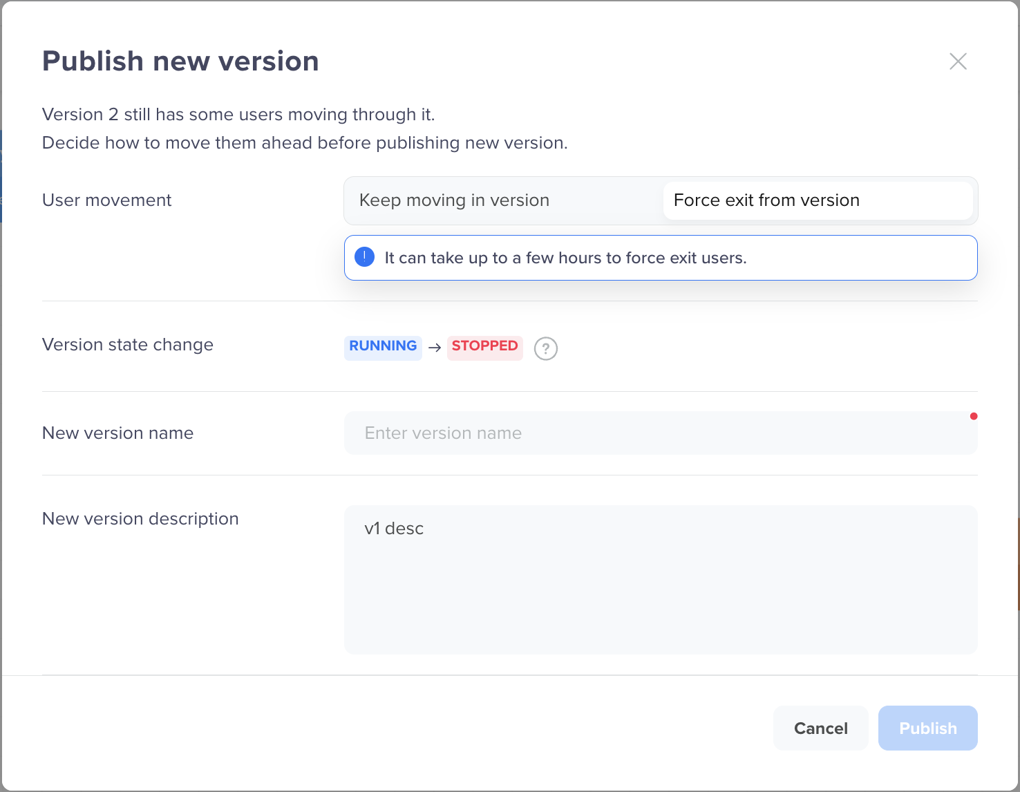 Stop Old Journey to Publish New Version