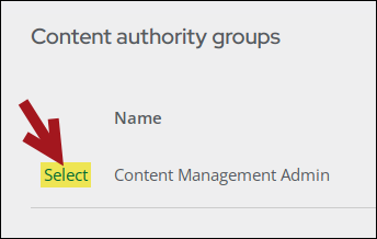 Selecting the Content Management Admin CAG