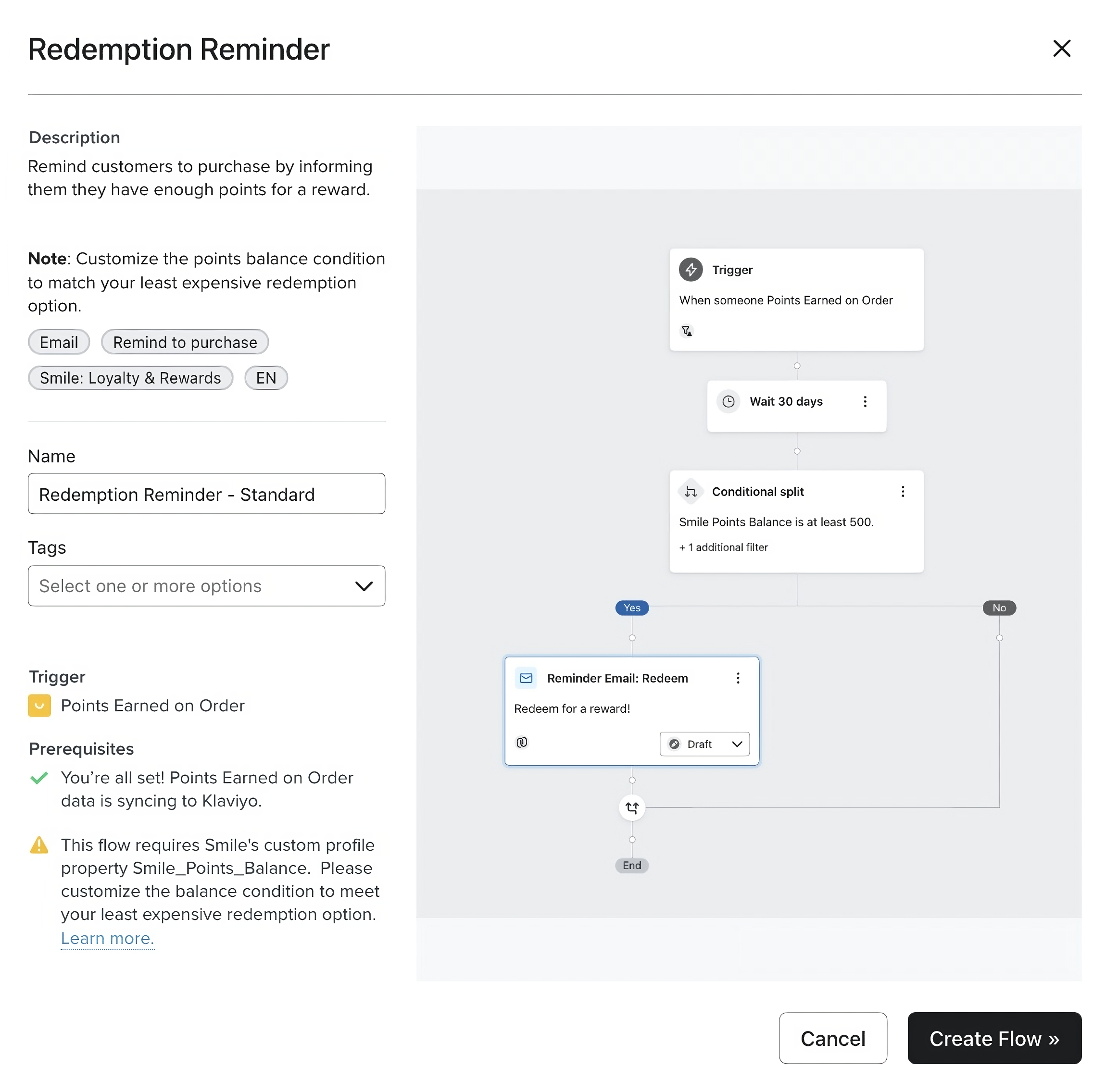 A redemption reminder flow's full template description including a support URL