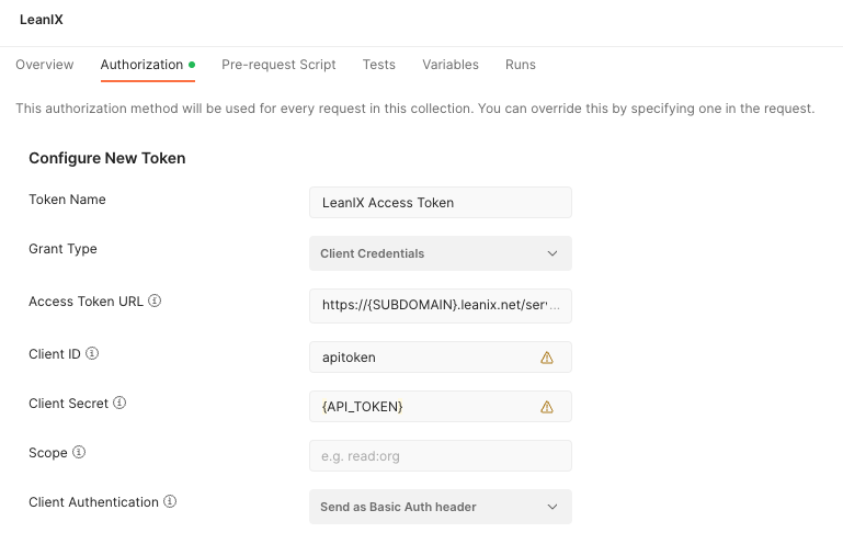 Configure a new token for authentication in Postman.