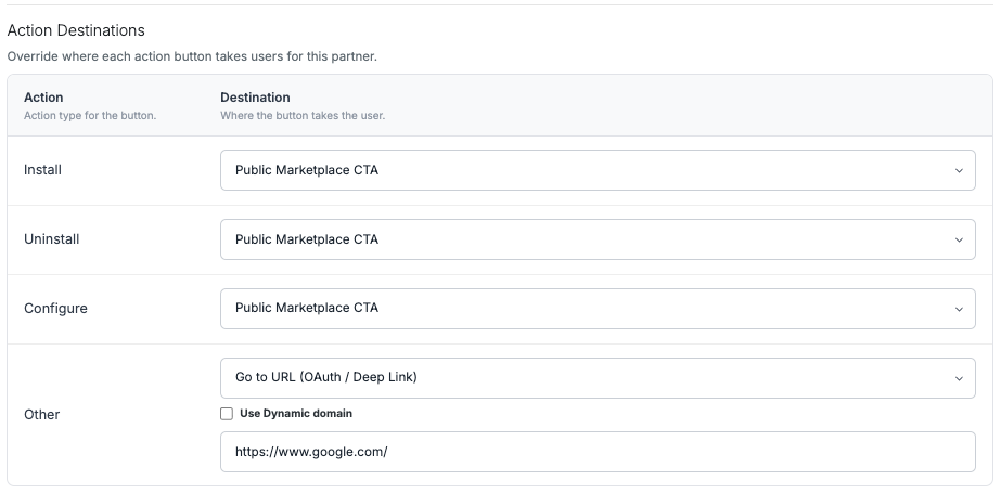 Per-listing Action Destinations settings showing custom destinations for Install, Uninstall, Configure, and Other actions