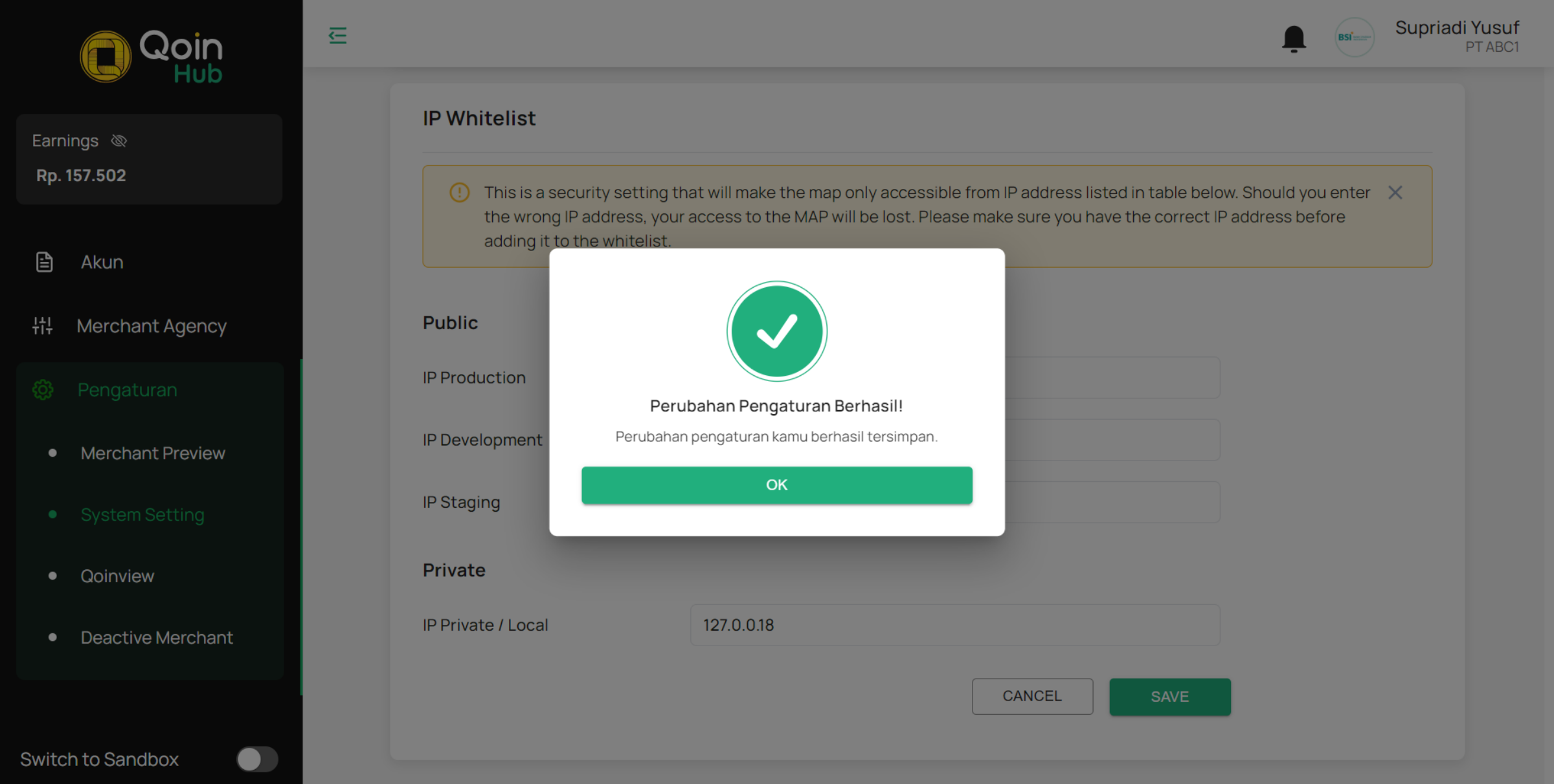 Pop Up Notifikasi IP Whitelist