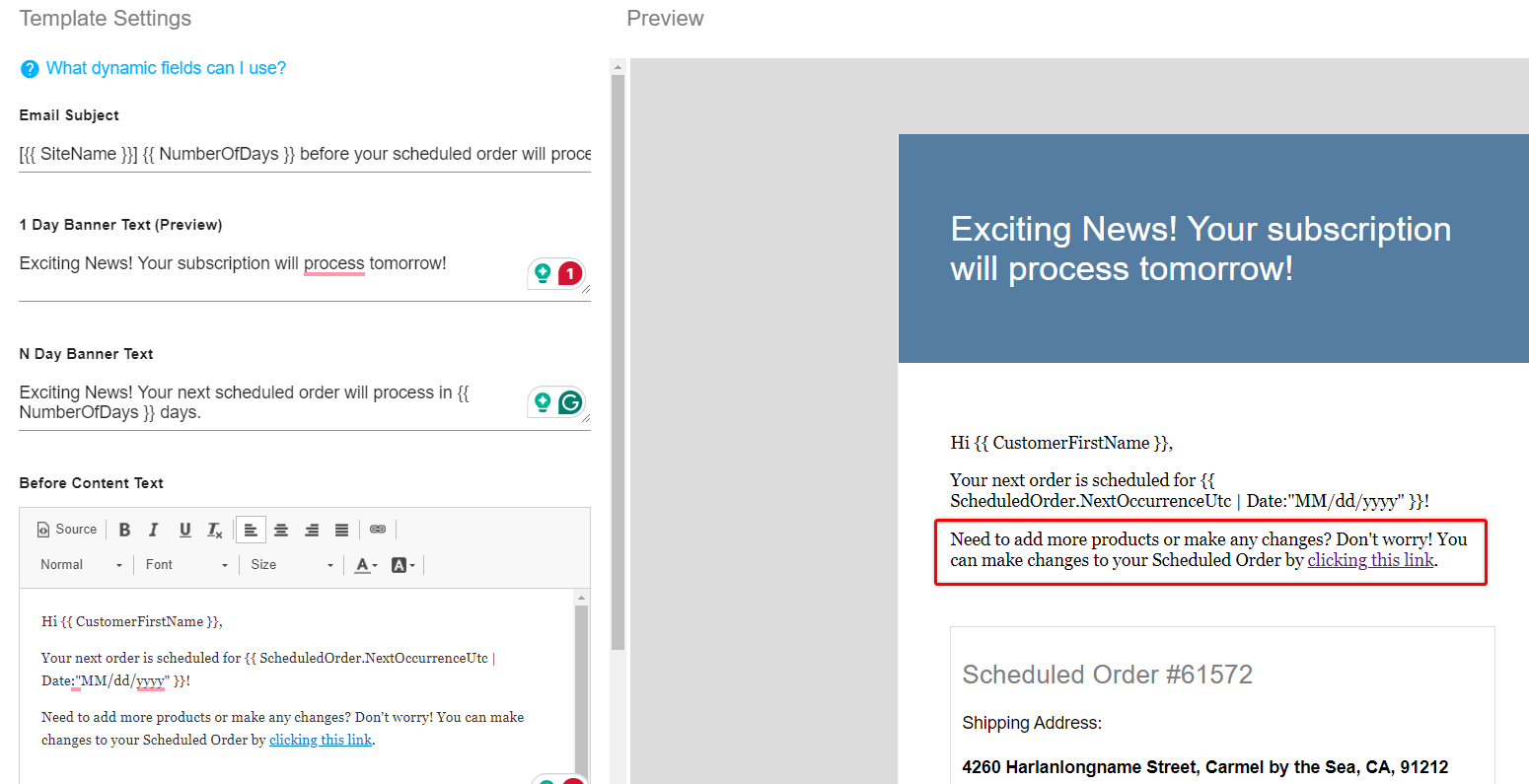 Example of a customized Upcoming Scheduled Order notification template.