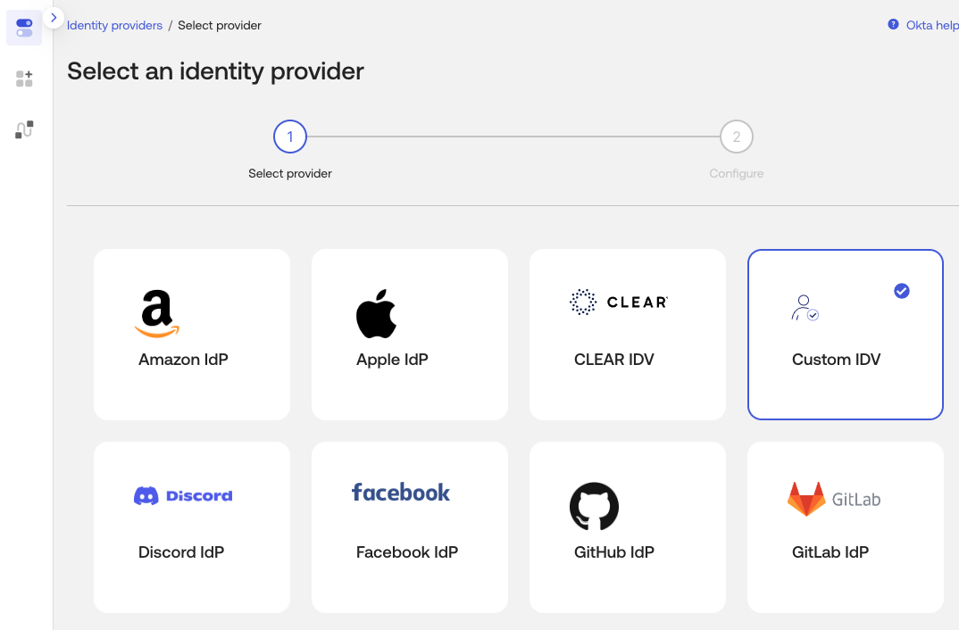 Okta Admin Console Add identity provider dialog with Identity Verification (Custom IDV) selected