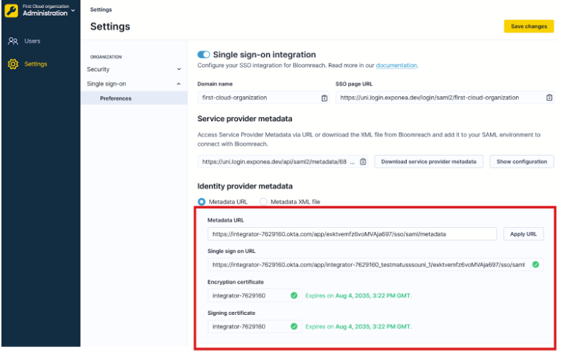 Bloomreach Identity provider metadata configuration with metadata URL and certificate details highlighted.
