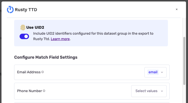 Export modal with the Use UID2 toggle enabled for a supported destination