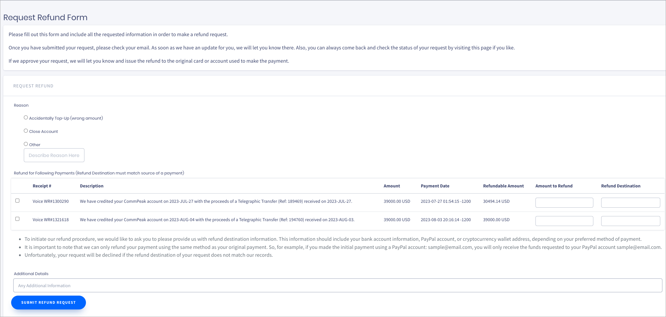 Screenshot of the Request Refund form